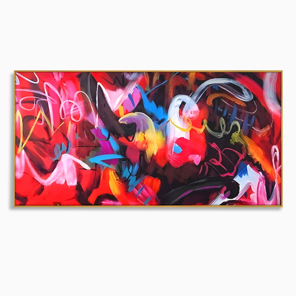 Tablou canvas cu tablou canvas cu graffiti rosu, in rama de aluminiu auriu